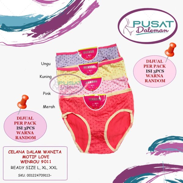 1 Pack Isi 3pcs Celana Dalam Wanita Wenrou 9019 Motif Bintik / 9011 Motif LOVE Lucu 3in1 Bahan Katun Nyaman - Image 3