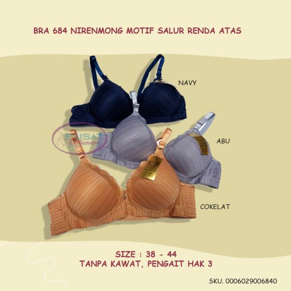 ECER Bra BH 684 NIRENMONG Motif Salur Polos Renda Atas Tanpa Kawat Pengait Hak 3 Import - Image 2