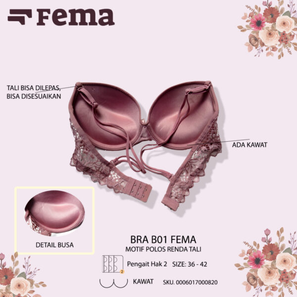 FEMA Official Shop Ecer 1 Pcs BH Bra B01 Polos Kawat Push Up Busa Tebal Tali Renda - Image 3