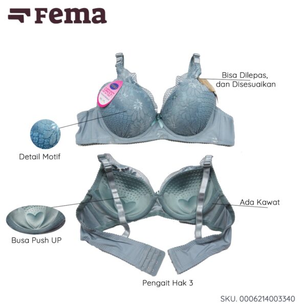 FEMA Official Shop Ecer 1 pcs BH Bra Push Up 334B Full Cup Renda Atas Motif Bunga - Image 3