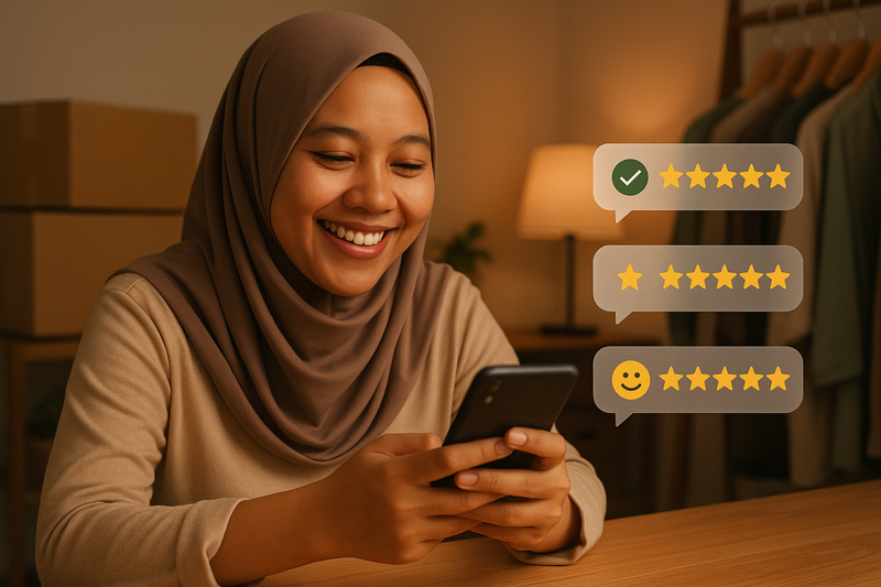 Reseller tersenyum melihat review pembeli