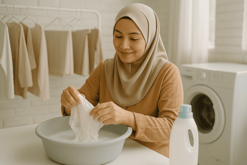 Mencuci pakaian berhijab